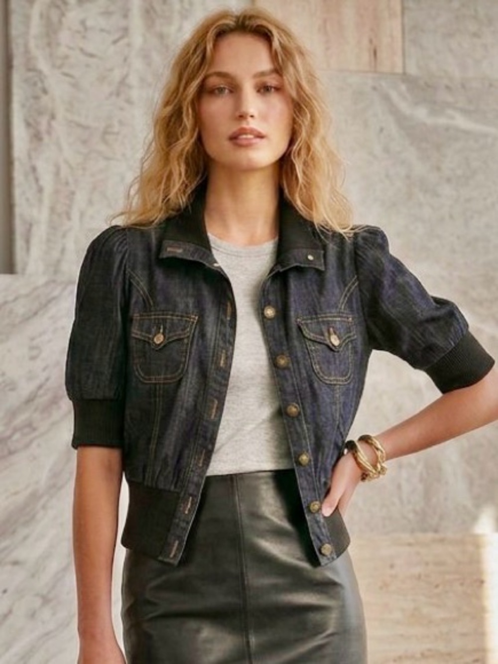 Bisou Bisou Short Sleeve Denim Bomber Jacket With Knit Rib